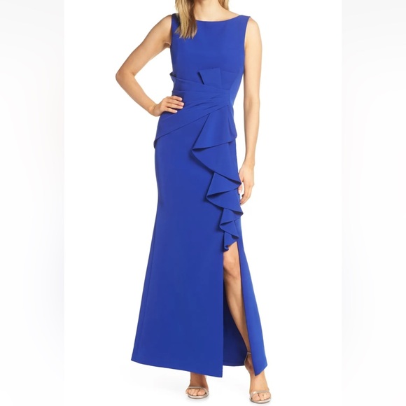 Eliza J Sleeveless Cascading Ruffle Front Gown - Blue - New With Tag - Reemoly - Picture 3 of 16